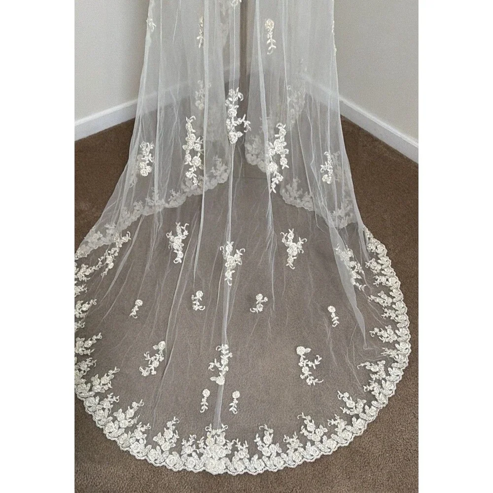 Vintage Ivory Bridal Robe Embroidered Tulle Beaded Pearl Long Train Wedding